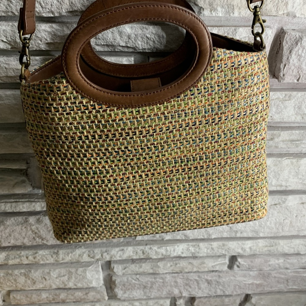 Fossil Woven Straw Leather Crossbody Handbag Multi Color 75082 Boho Tote - Picture 5 of 16